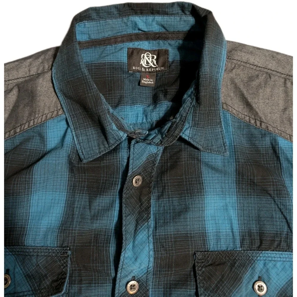 Rock & Republic Mens Large Plaid Button Up Shirt Blue Black Western Long Sleeve